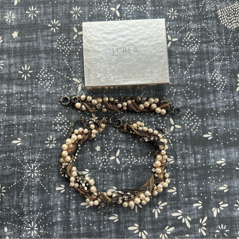 Vintage J. Crew Pearl Mixed Hardware Necklace Bracelet Set